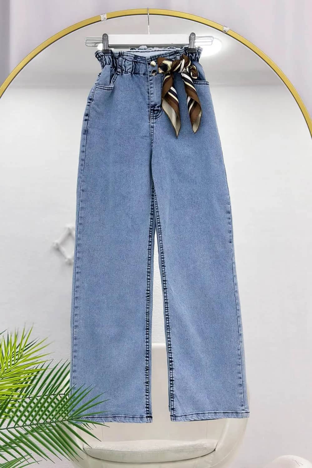 Beli Lastik Büzgülü Denim Pantolon – Açık Kot