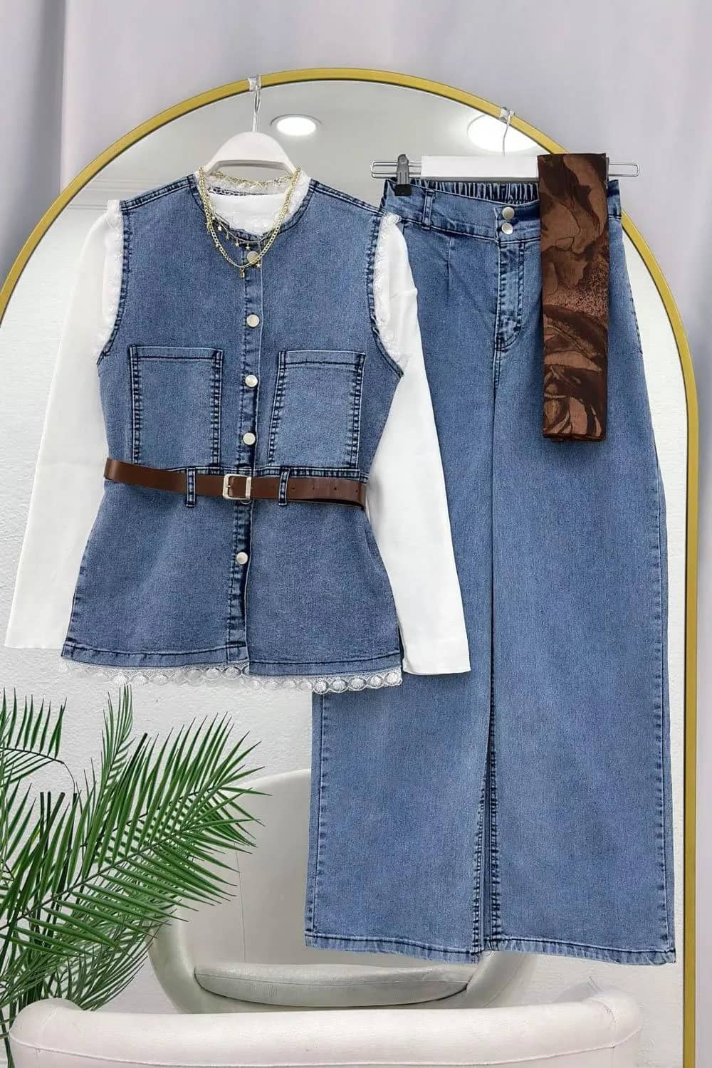 Dantel Yaka Kemerli Denim Takım – Açık Kot