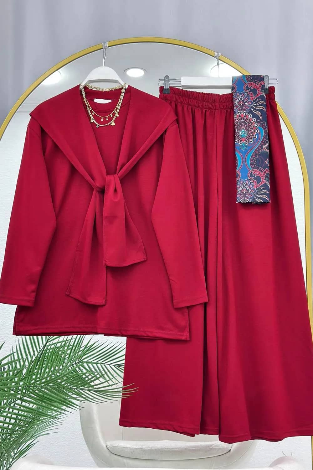 Drapé Omuz Detaylı Pantolon Takım – Bordo