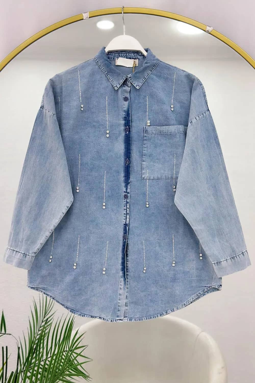Işıltı Cepli Denim Tunik Gömlek – Açık Kot