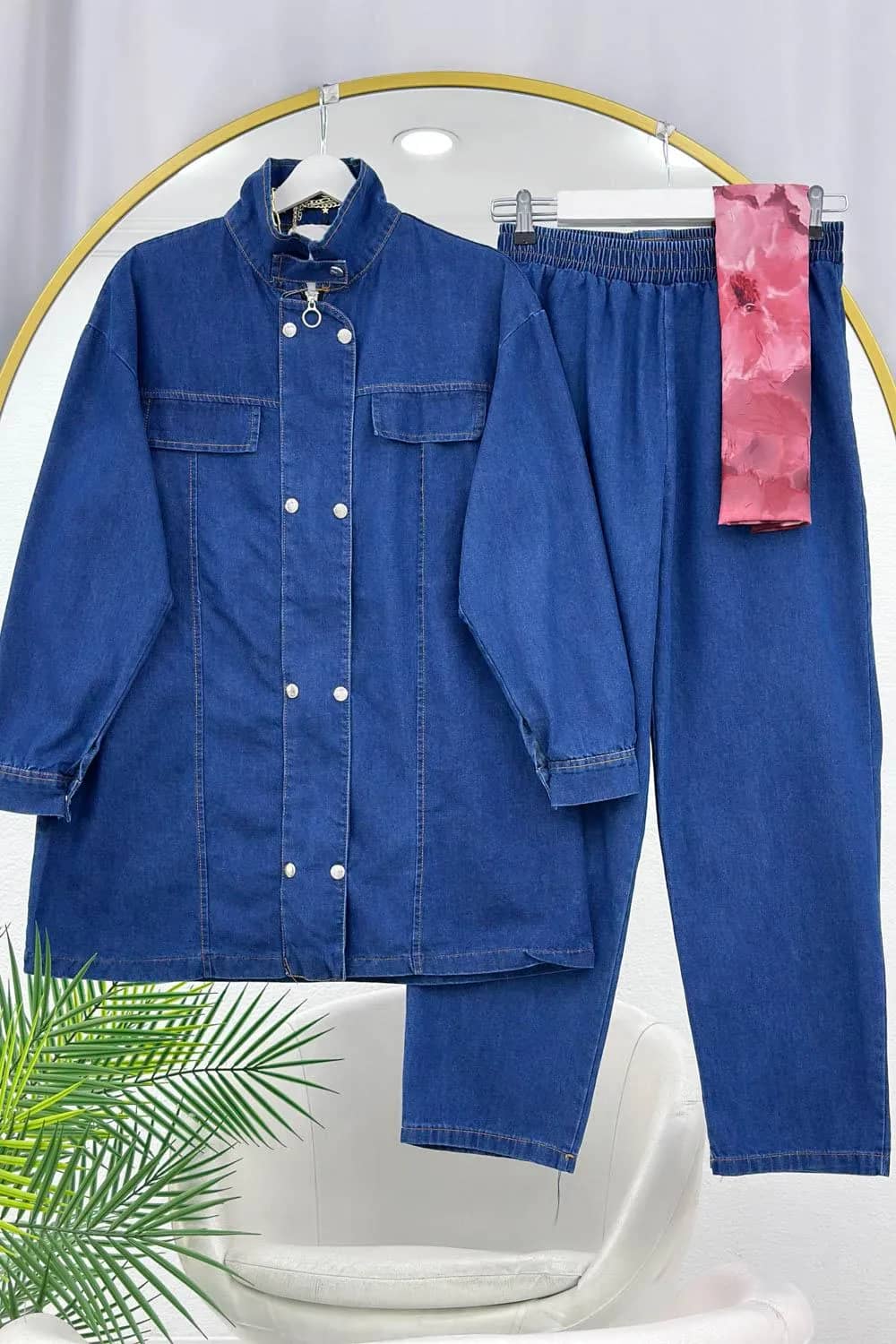 Kruvaze Çift Düğmeli Denim Takım – Kot Mavi