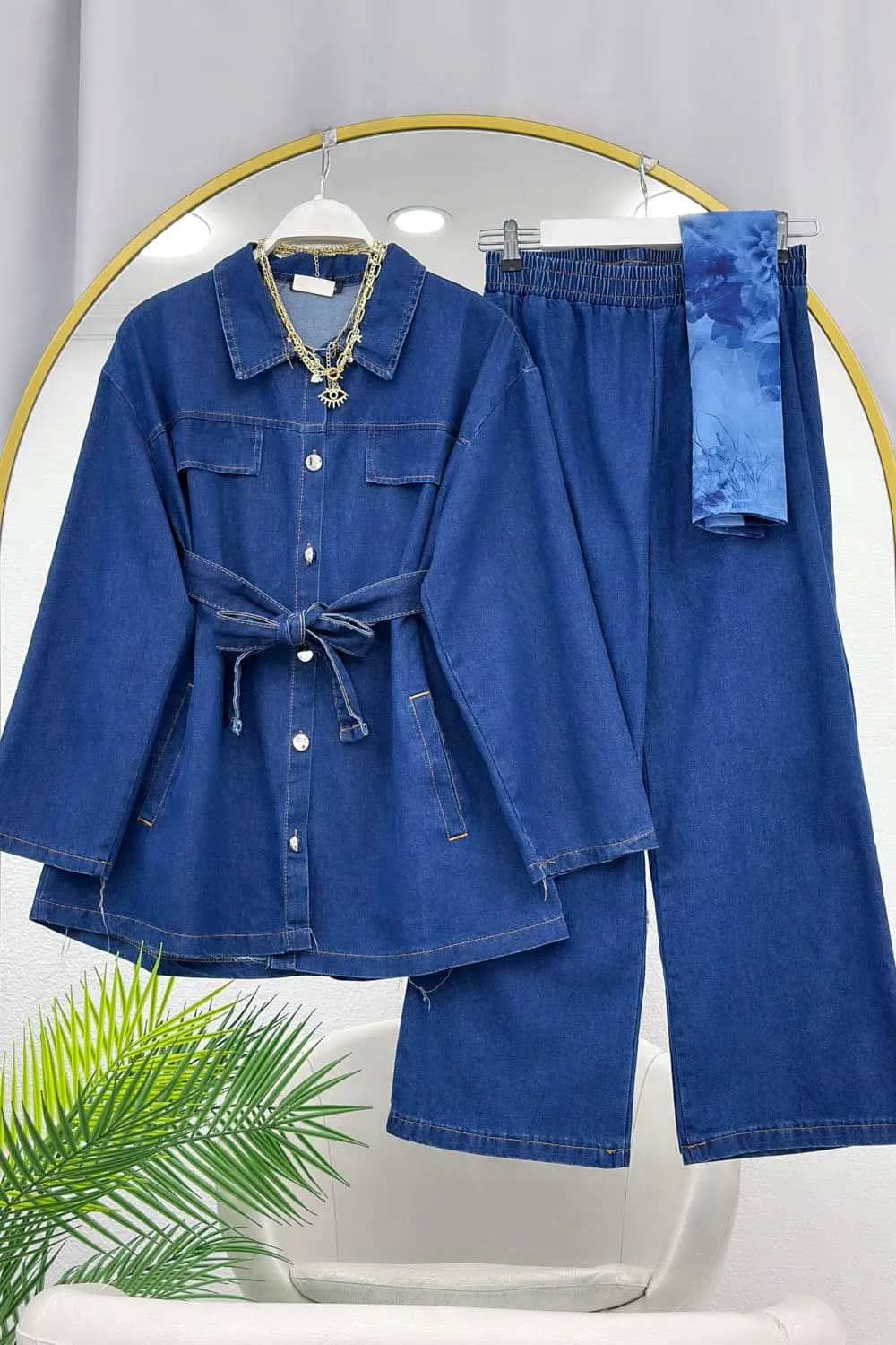 Kuşaklı Denim Pantolon Takım – Kot Mavi