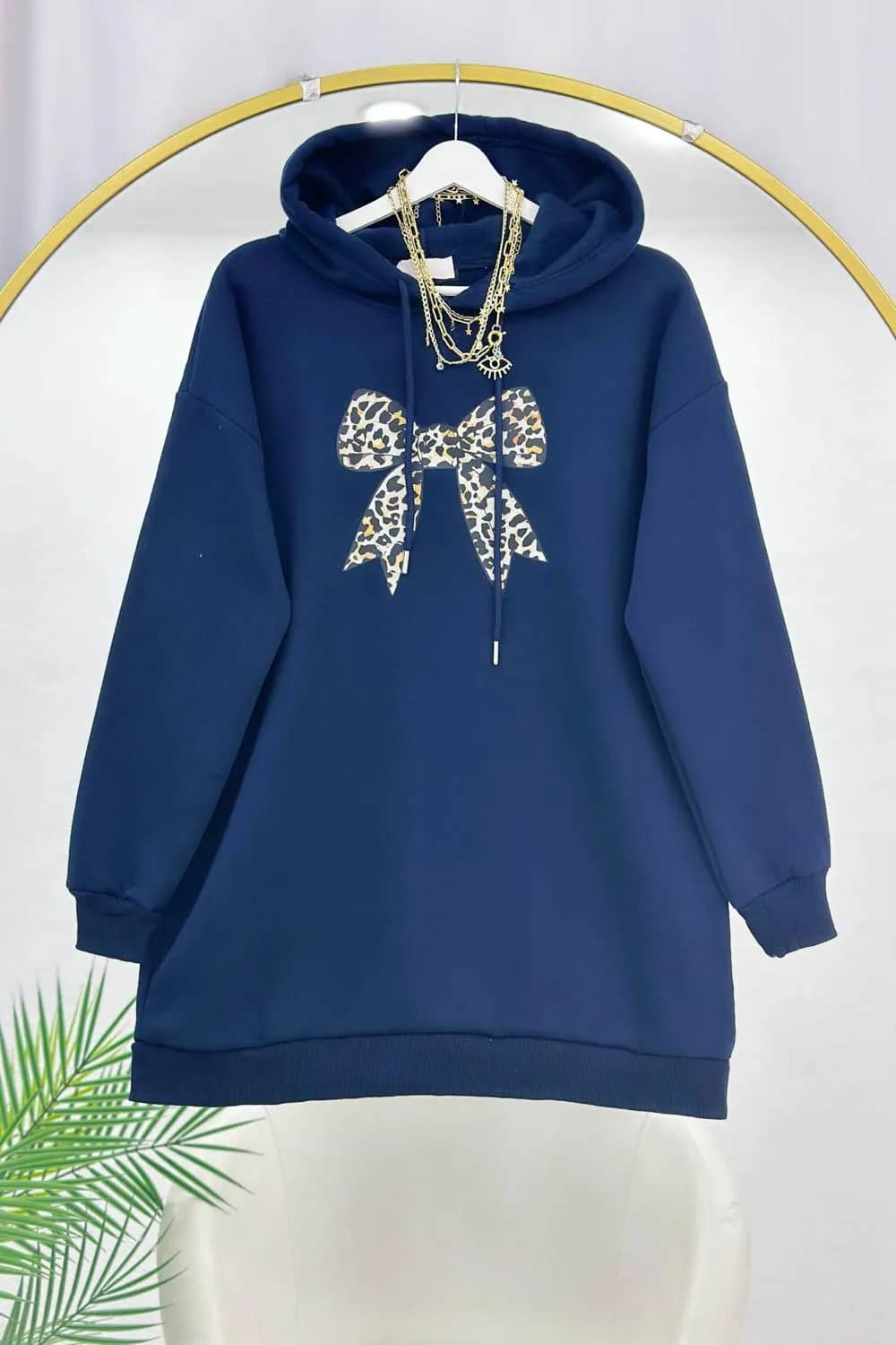 Léopard Fiyonklu Kapüşonlu Sweatshirt – Lacivert