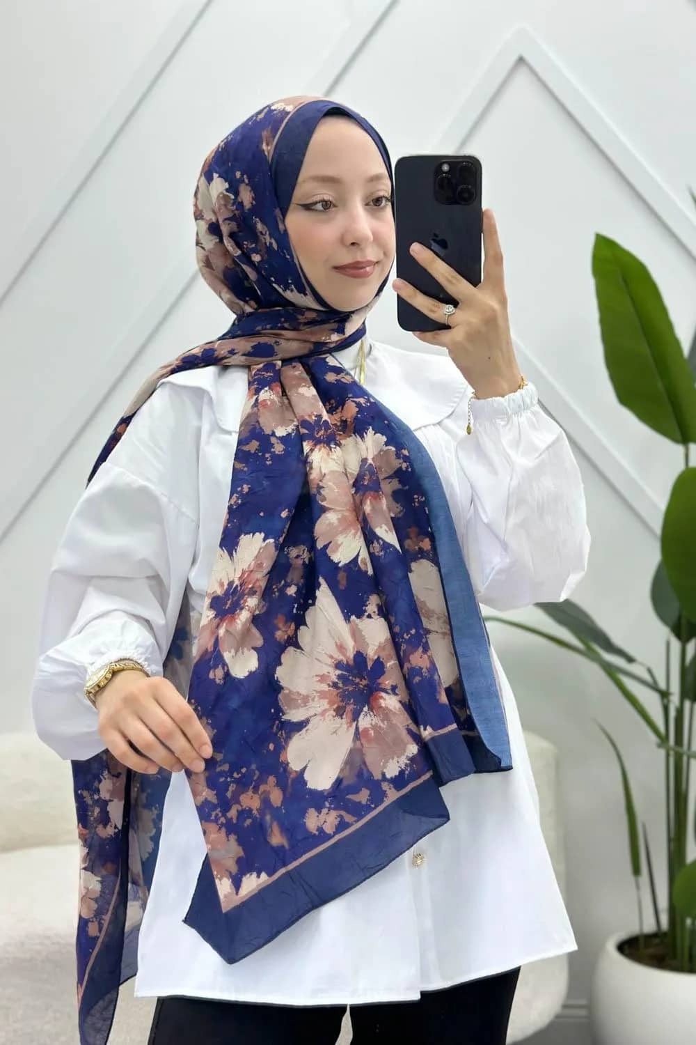 Mélange Çiçekli Pamuk Soft Şal – Saks Mavisi
