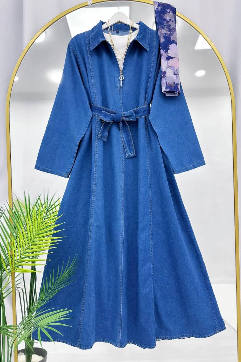 Metal Fermuarlı Denim Elbise – Açık Mavi