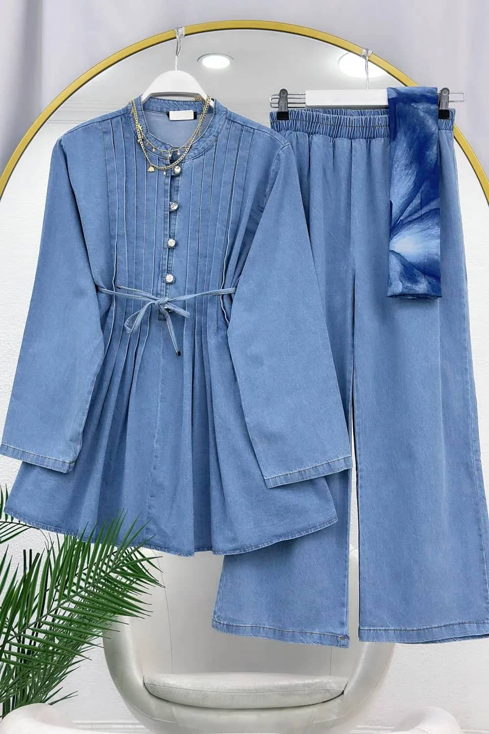 Pens Detaylı Rahat Denim Takım – Açık Mavi