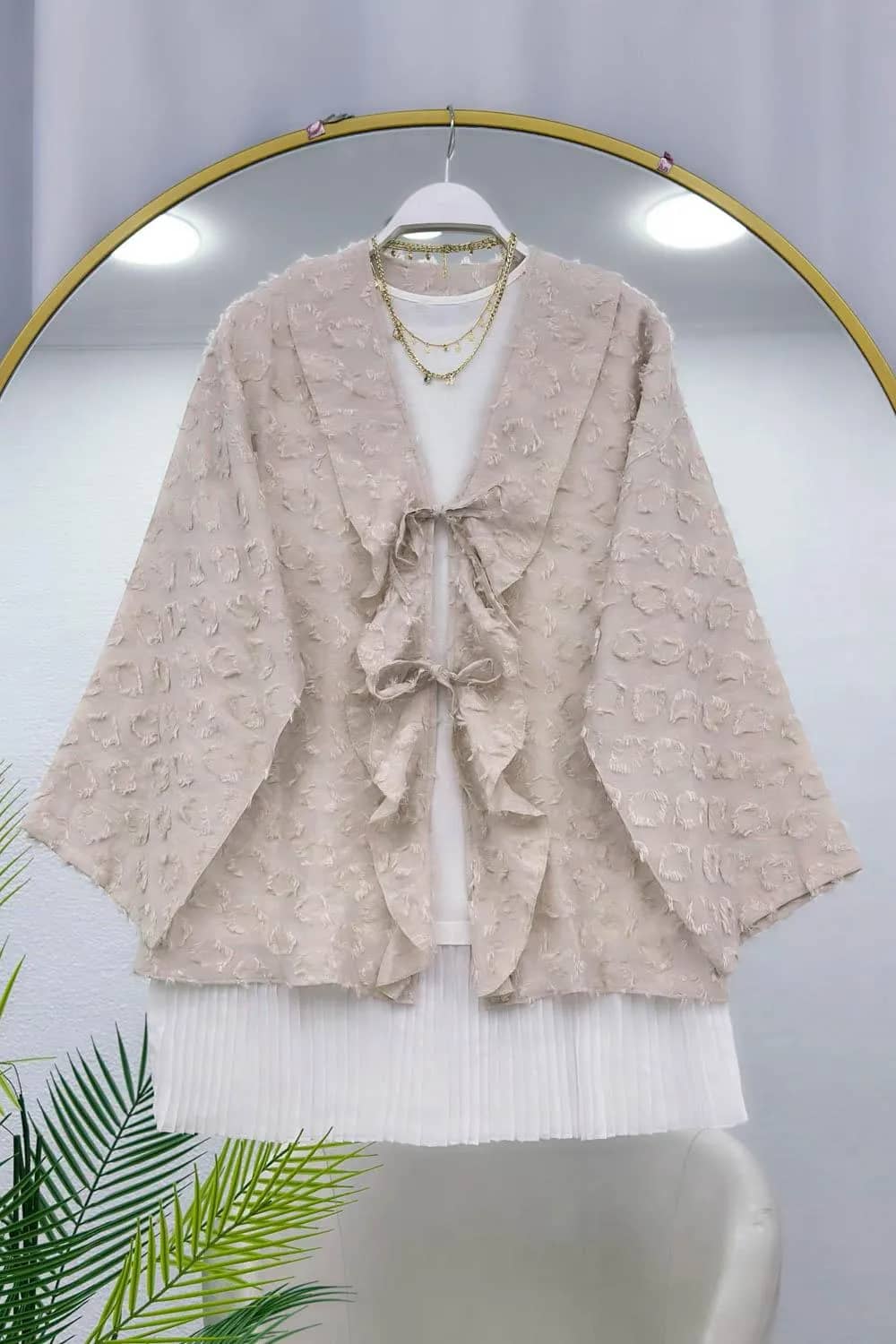 Püsküllü Saçak Keten Kimono – Taş
