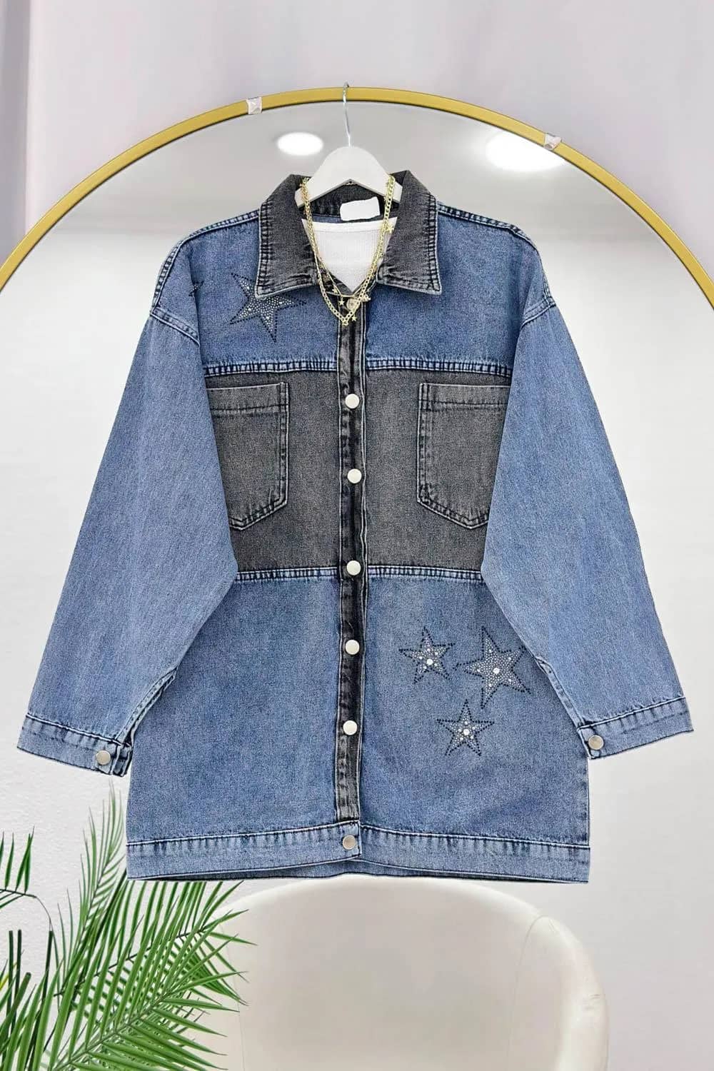 Scintille Yıldız Taşlı Denim Gömlek – Mavi