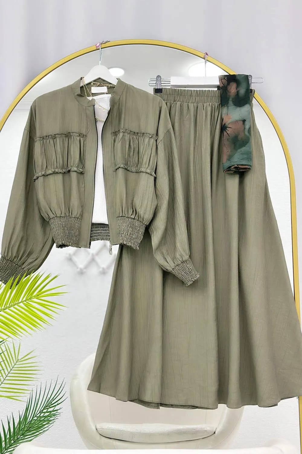 Bomber Ceketli Çilek Etek Takım – Haki