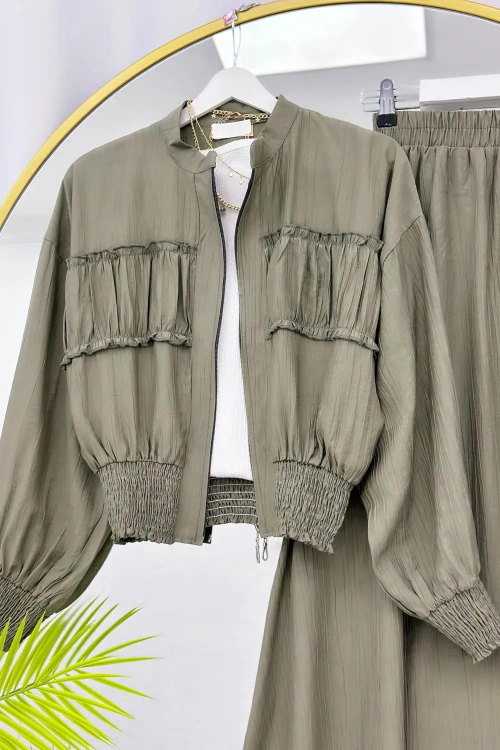 Bomber Ceketli Çilek Etek Takım – Haki