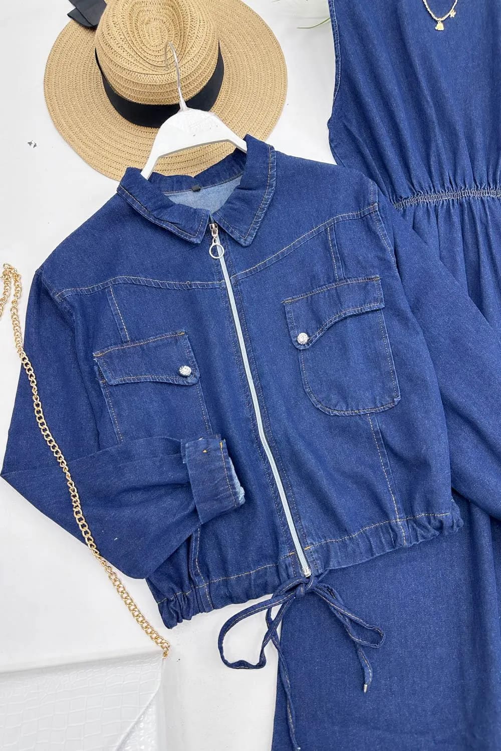 Ceket Detaylı Denim Elbise – Lacivert