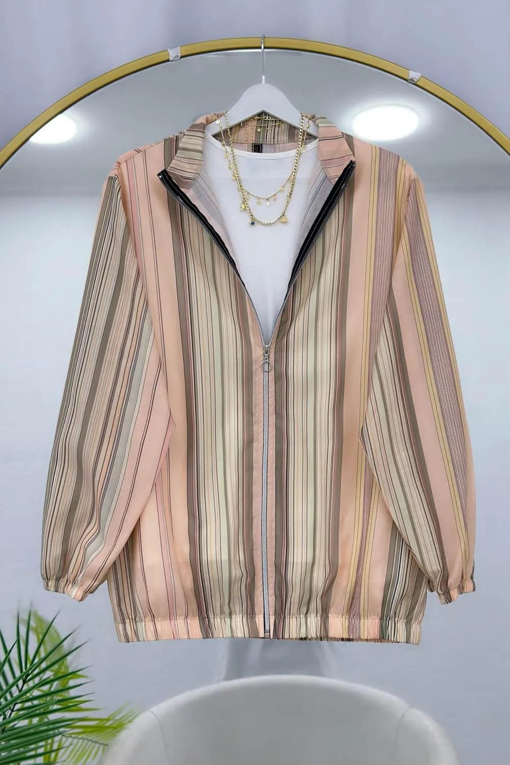 Çizgi Şeritli Fermuarlı Tunik – Vizon