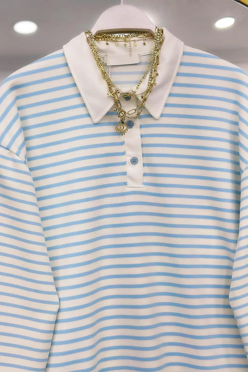 Çizgili Polo Yaka Penye Sweat – Mavi