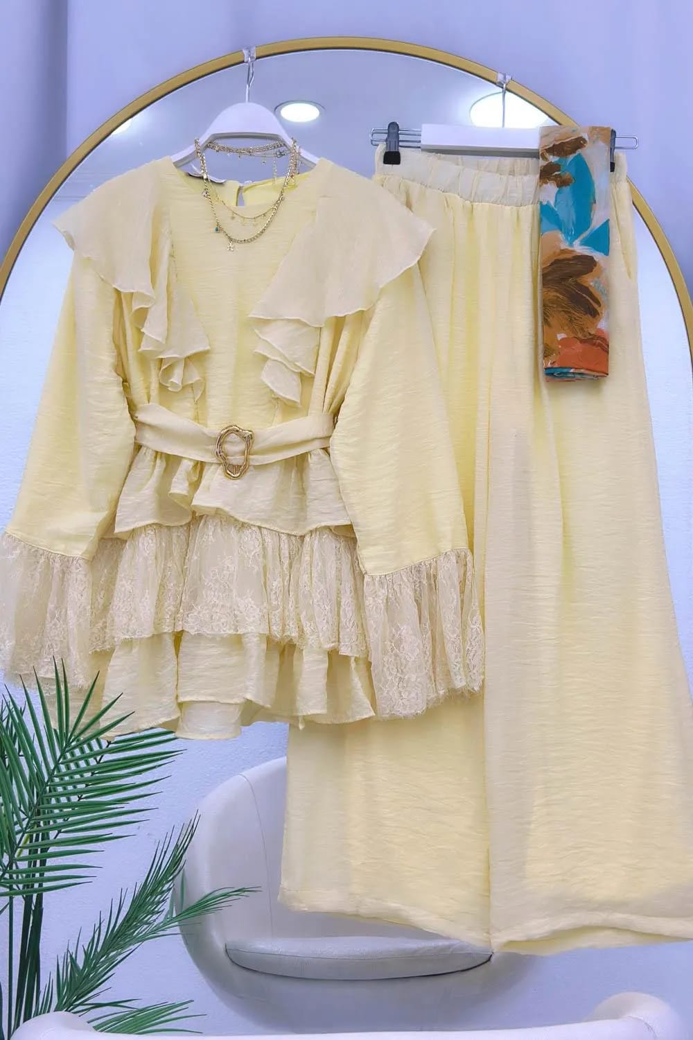 Dökümlü Basic Modal Pantolon Takım – Sarı