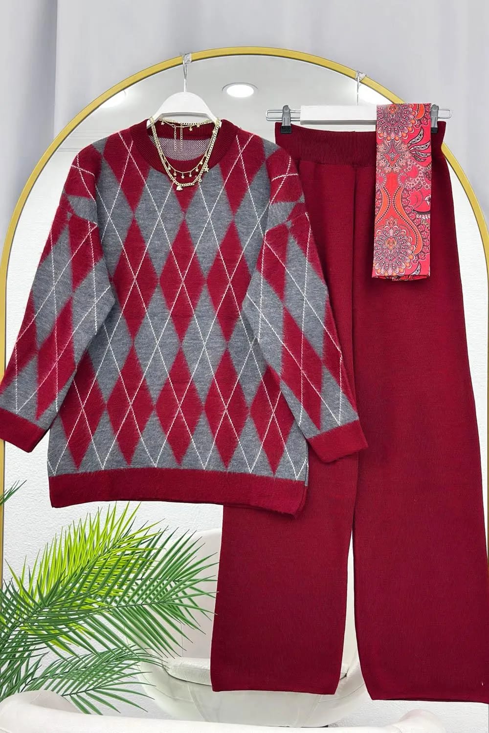 Düz Kesim Pantolonlu Triko Takım – Bordo