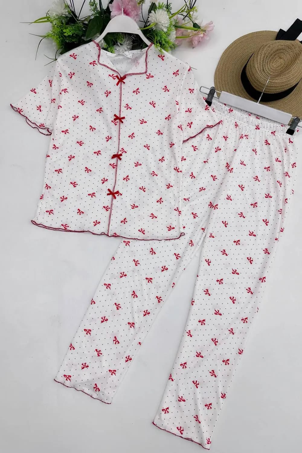 Fiyonk Detaylı Pijama Takımı – Kırmızı