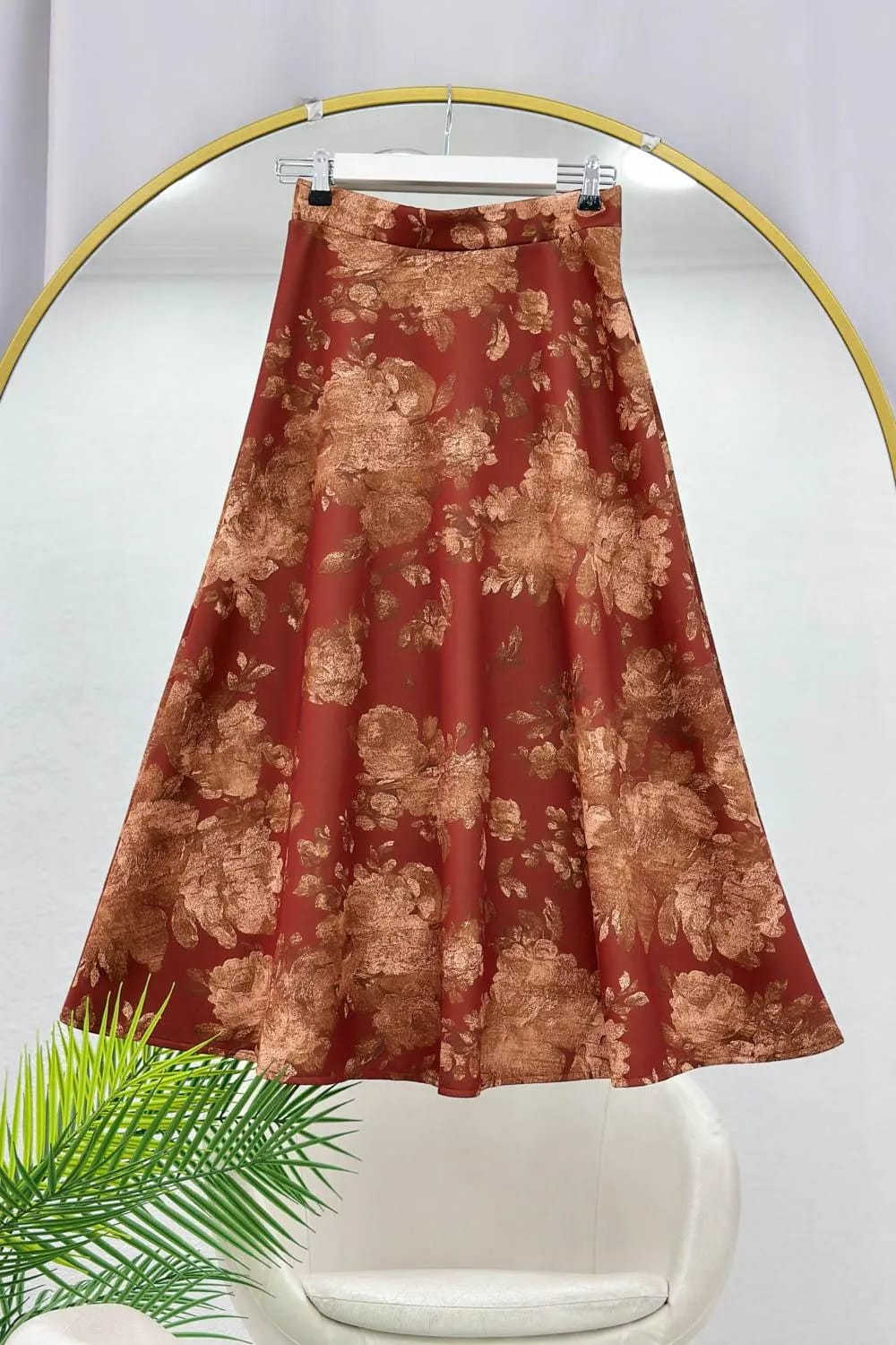 Floral Desenli Scuba Kloş Etek – Kiremit