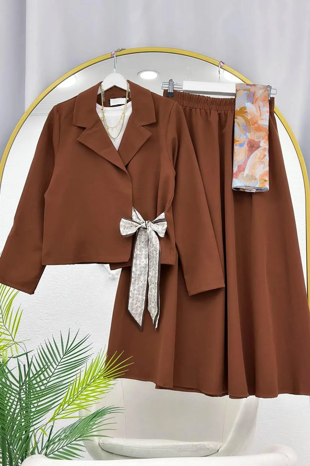 Foulard Kuşaklı Etekli Takım – Kahve