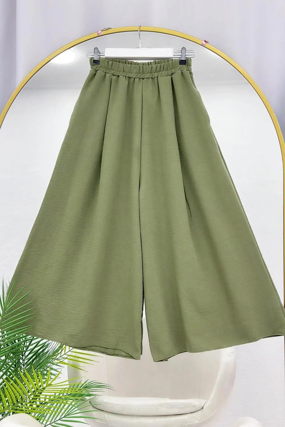 Geniş Paça Doğal Keten Pantolon – Yeşil