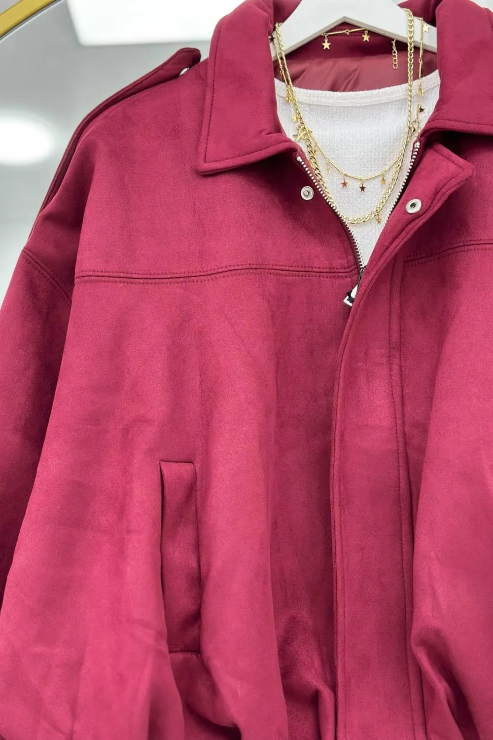 Kadife Dokulu Süet Bomber Ceket – Bordo