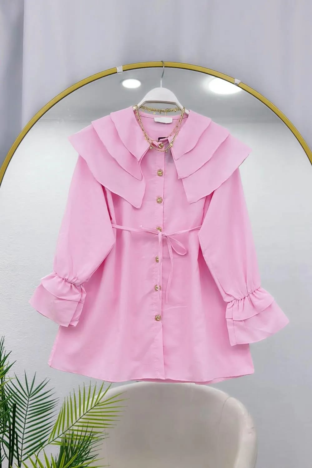 Kat Yaka Kuşaklı Tunik Gömlek – Pembe
