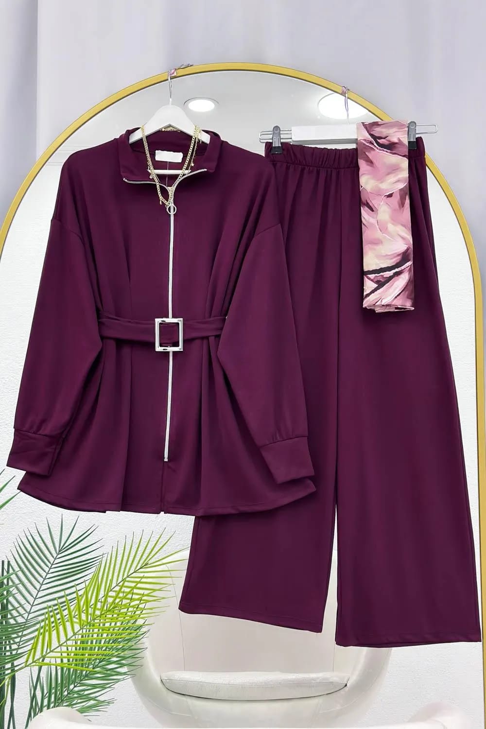 Kemerli Scuba Pantolon Takım – Bordo