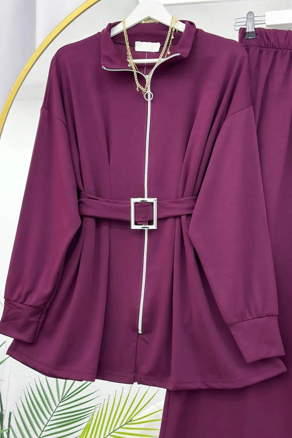 Kemerli Scuba Pantolon Takım – Bordo