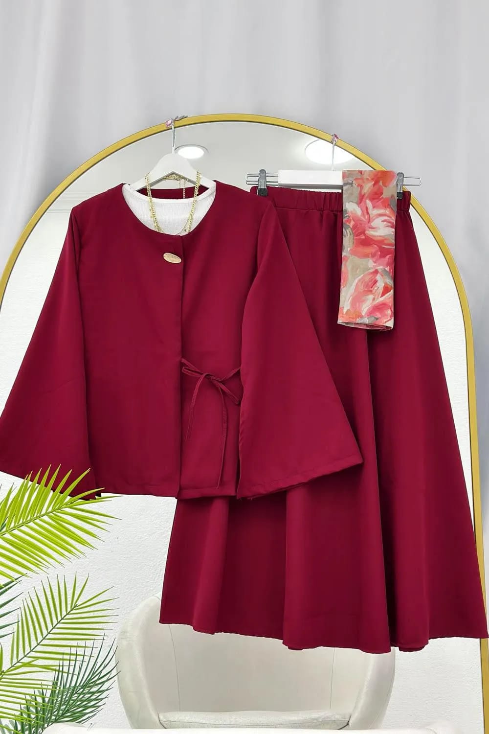 Kimono Kesim Krep Etek Takım – Bordo