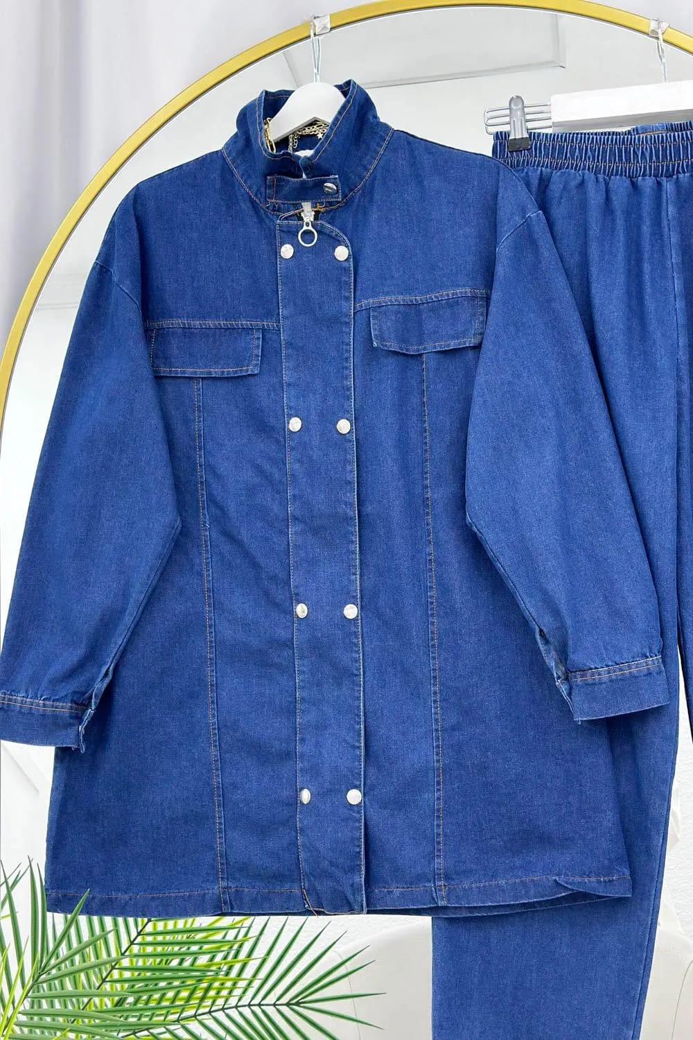 Kruvaze Çift Düğmeli Denim Takım – Kot Mavi