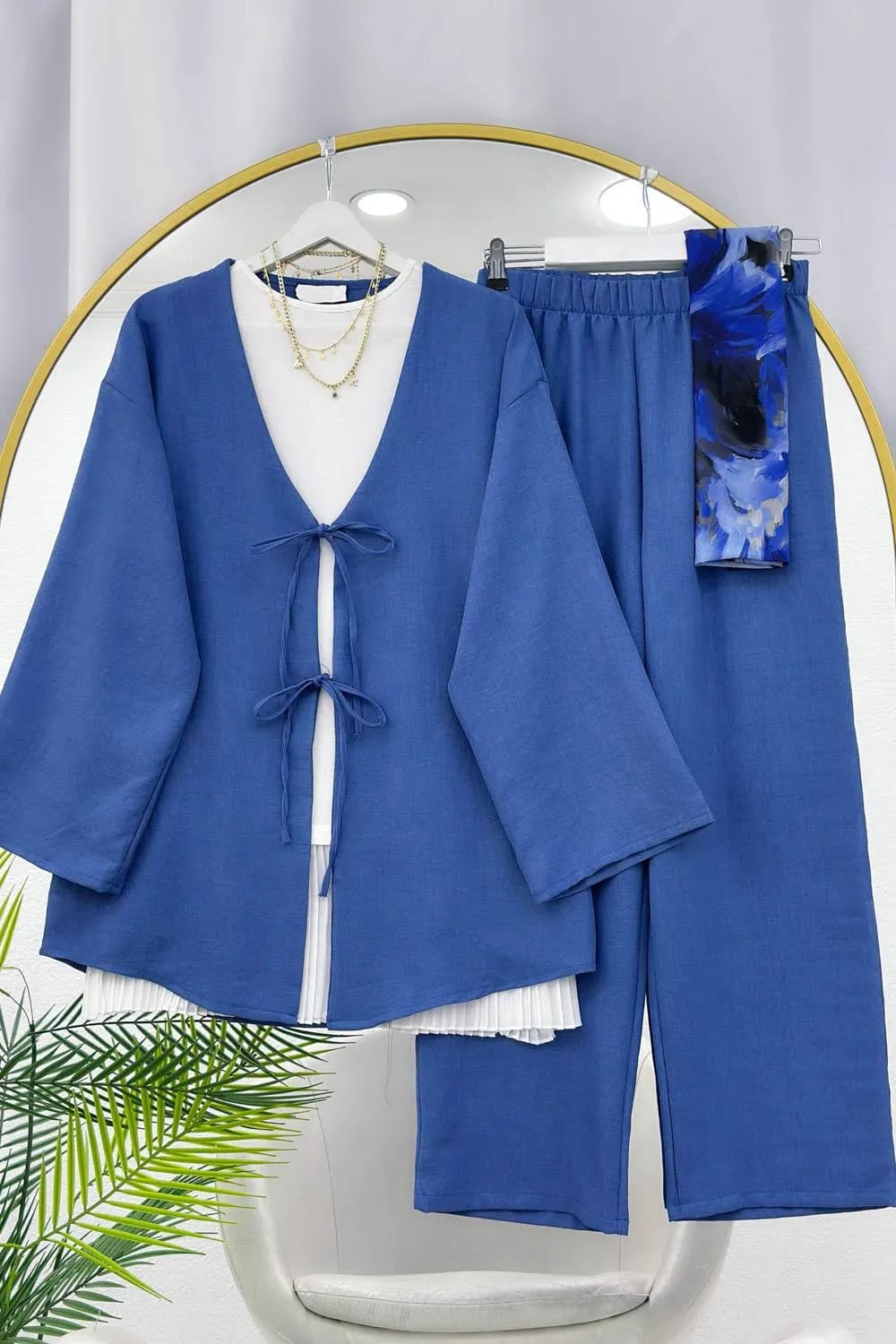 Kurdele Bağlamalı Keten Kimono Takım – Mavi