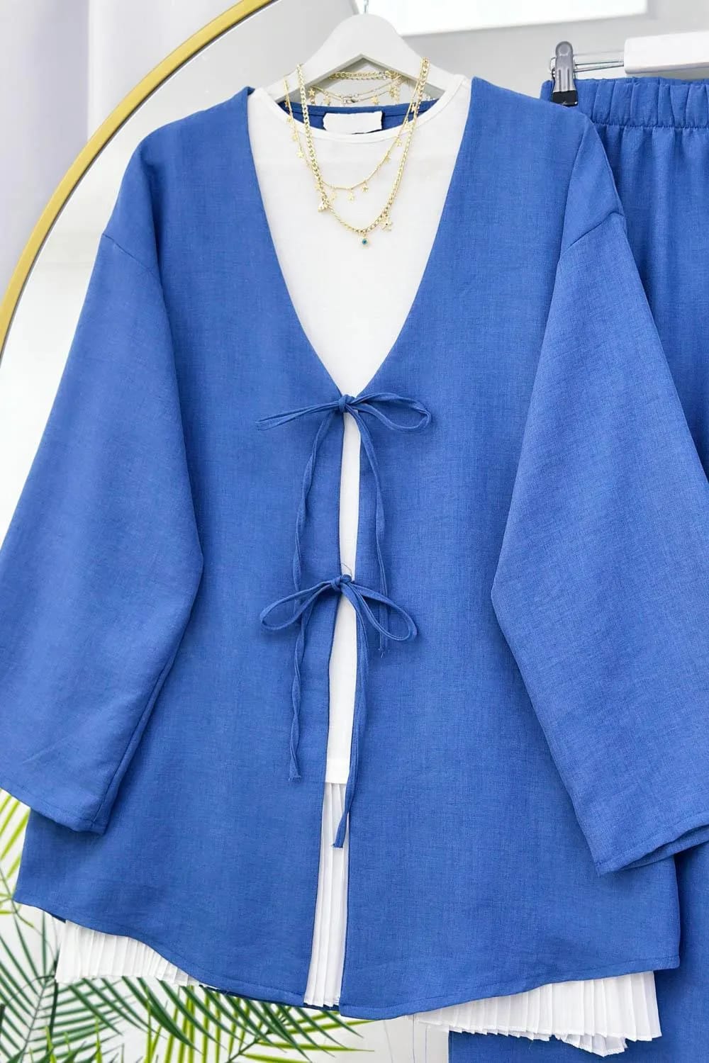 Kurdele Bağlamalı Keten Kimono Takım – Mavi