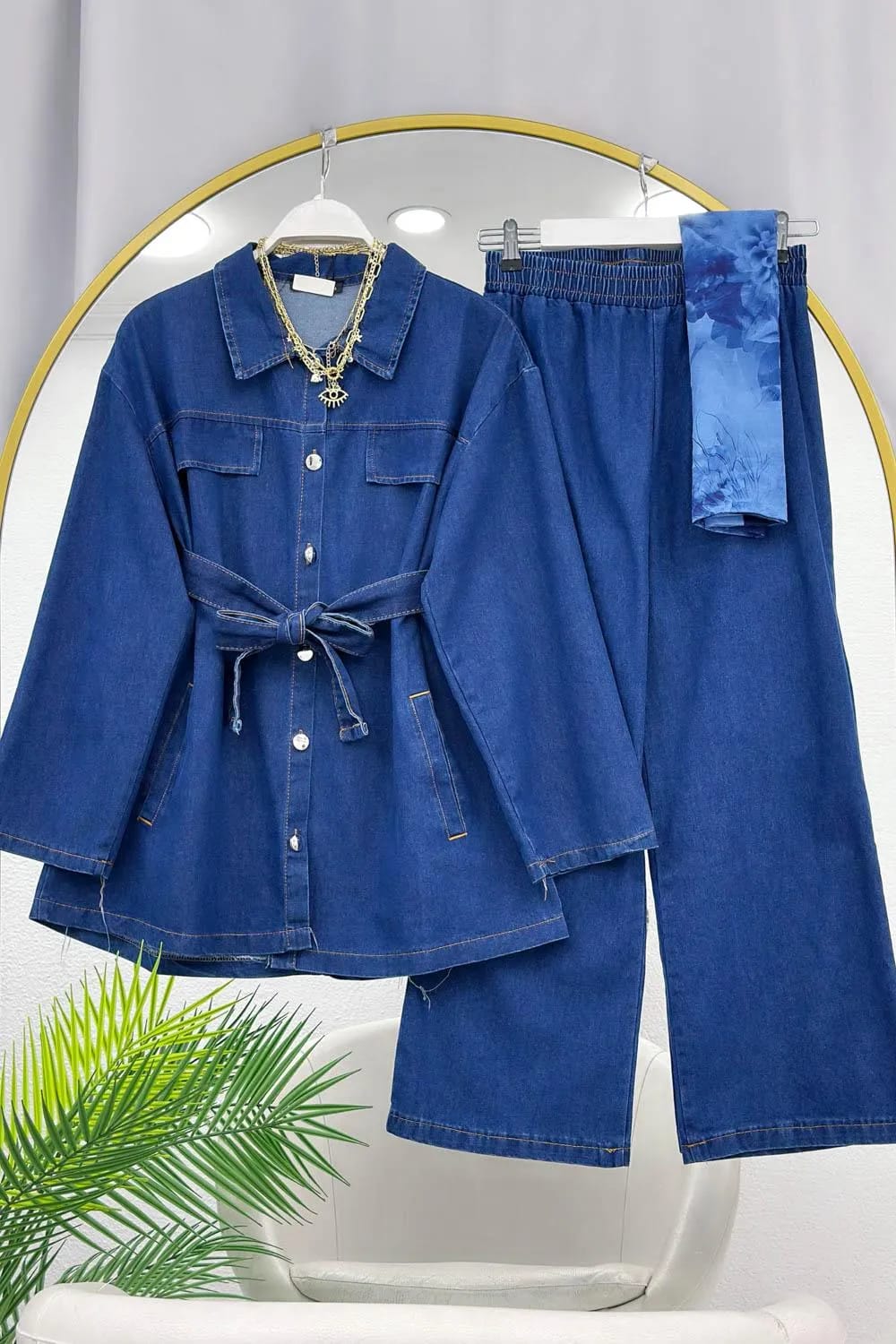 Kuşaklı Denim Pantolon Takım – Kot Mavi