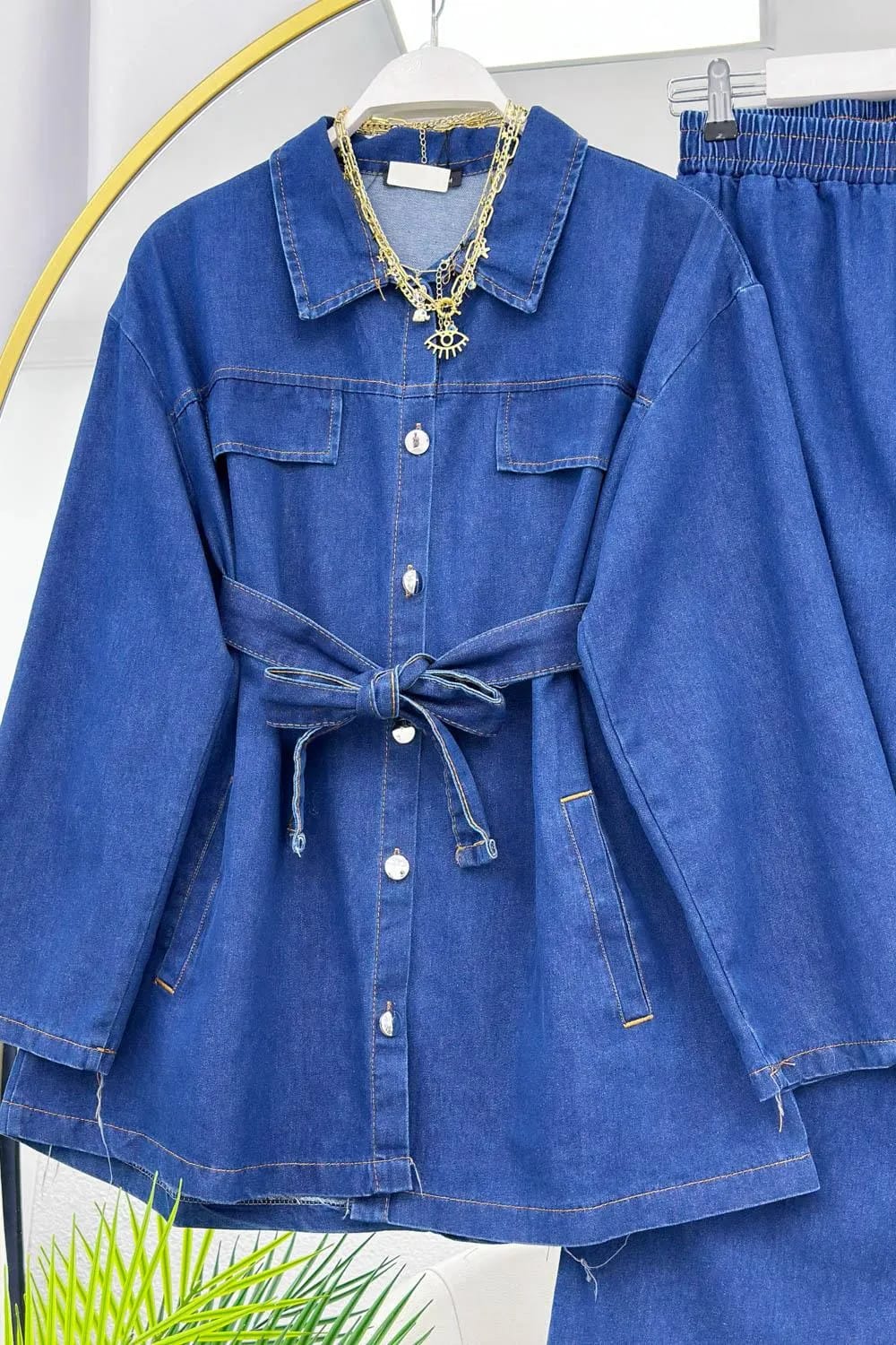 Kuşaklı Denim Pantolon Takım – Kot Mavi