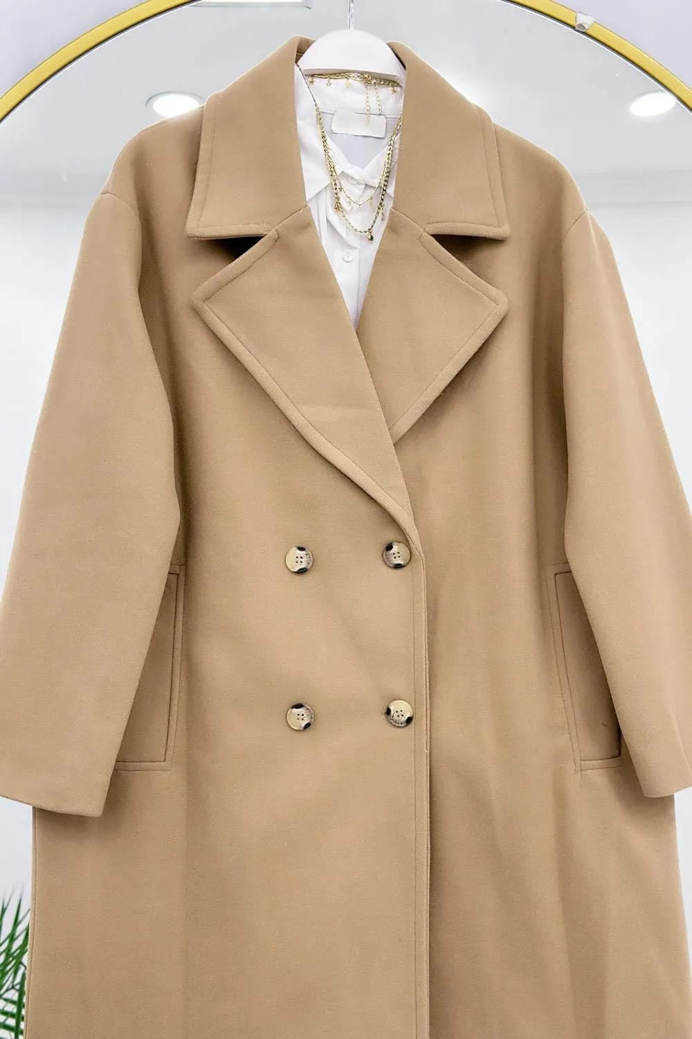 Manteau Çift Sıra Düğmeli Kaşe Kaban – Camel