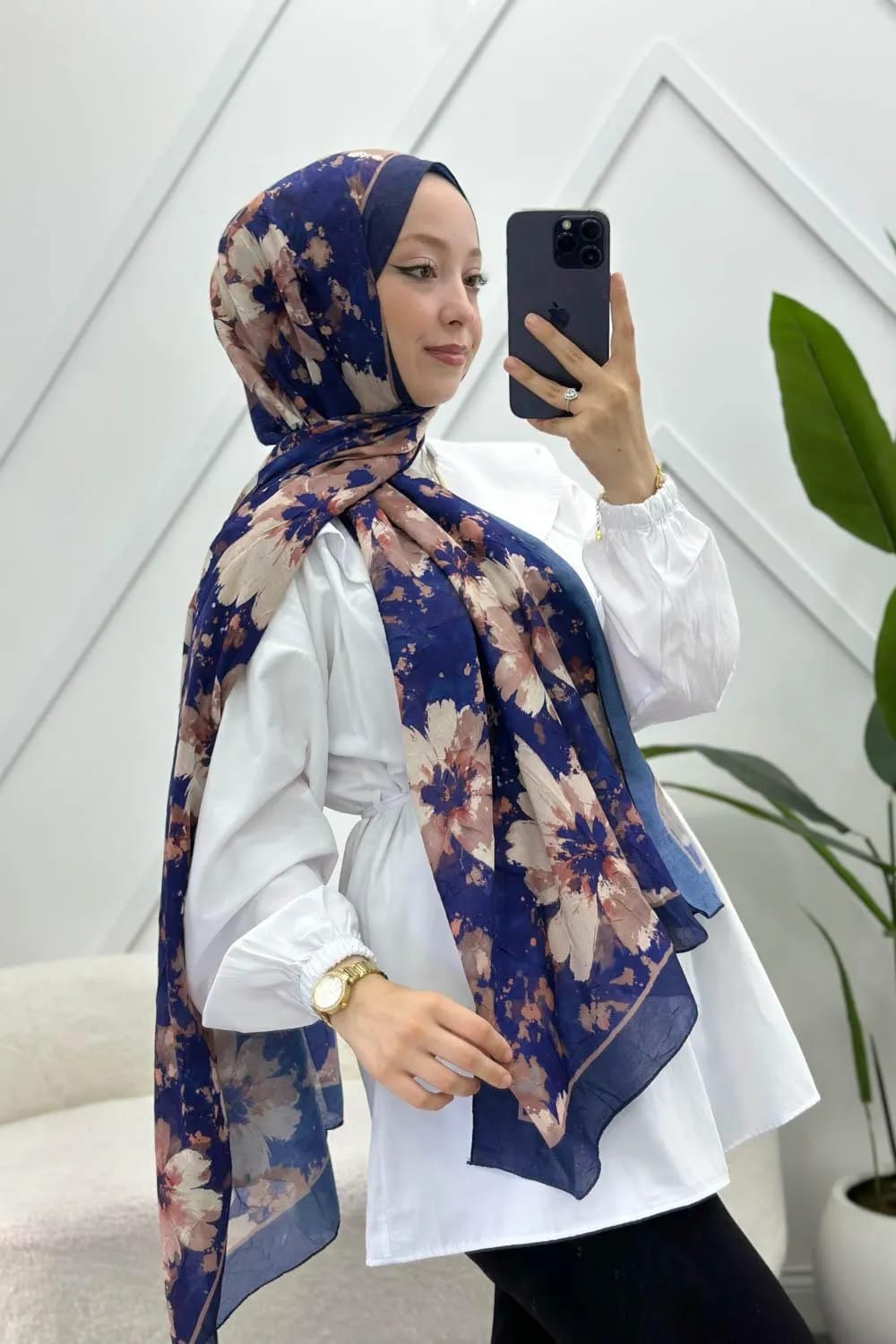 Mélange Çiçekli Pamuk Soft Şal – Saks Mavisi