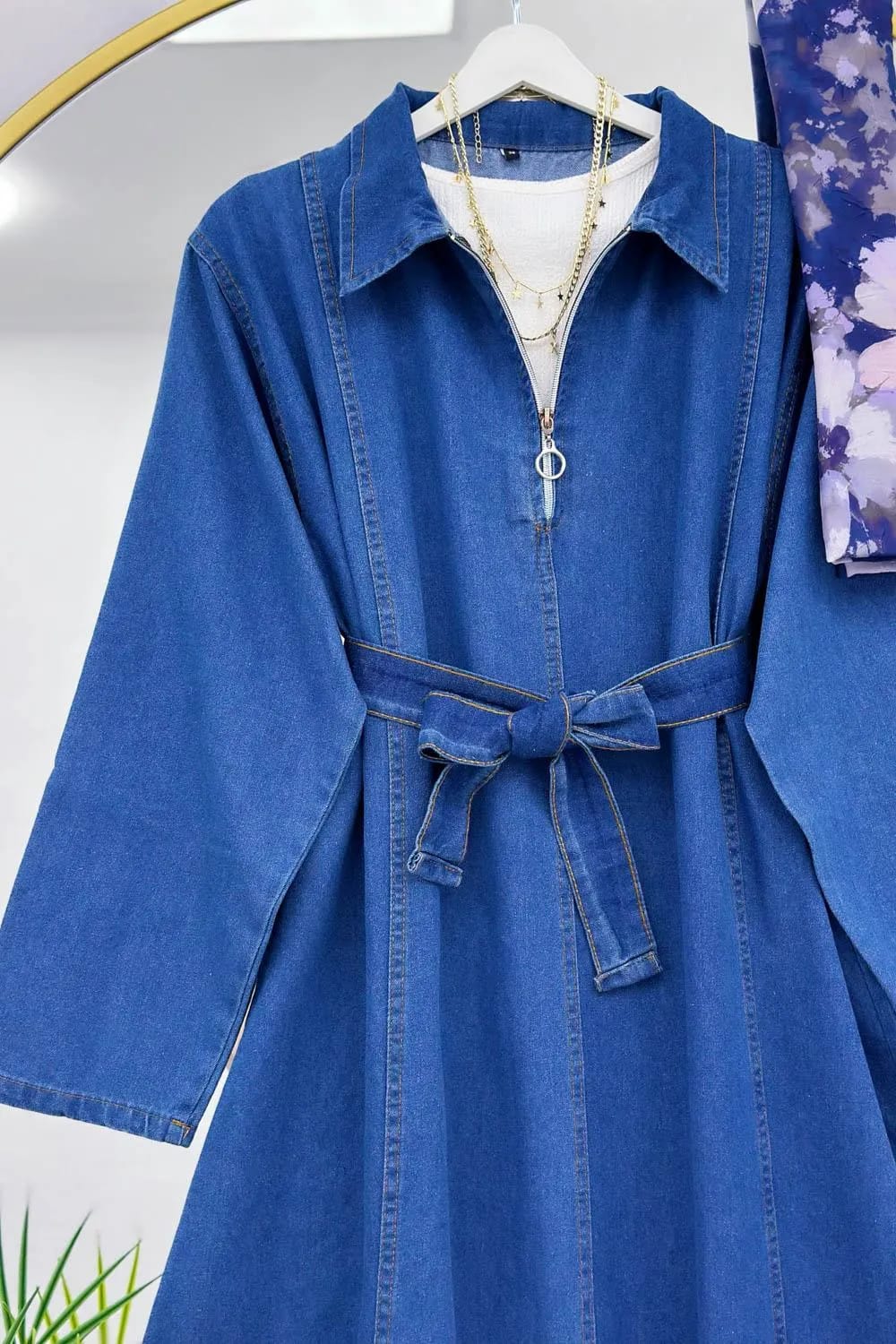 Metal Fermuarlı Denim Elbise – Açık Mavi