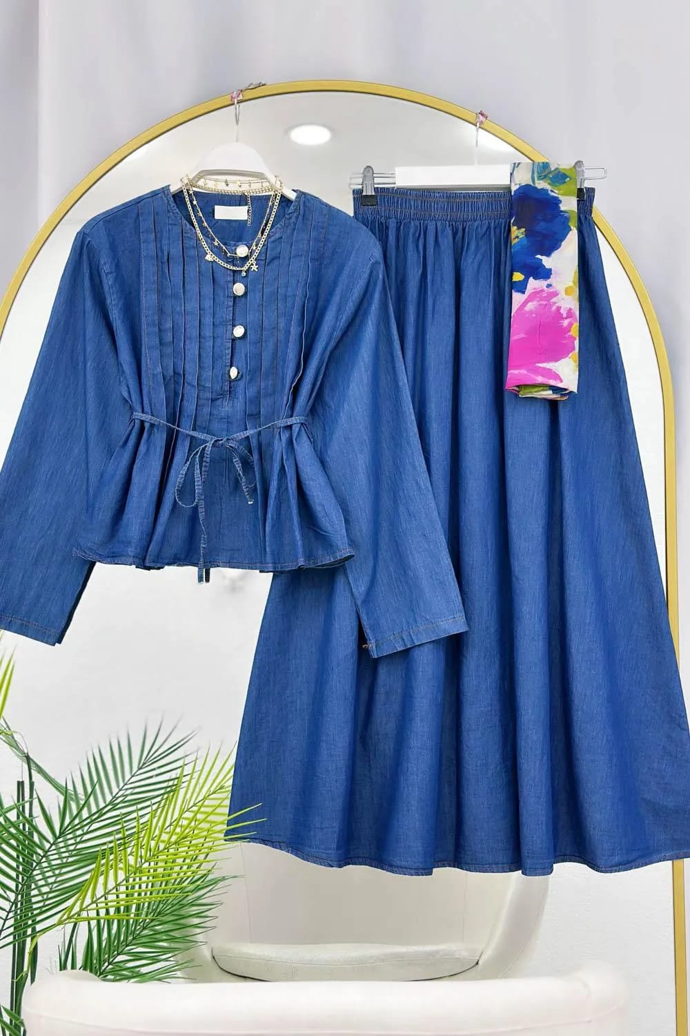 Metalik Vurgulu Denim Etek Takım – Lacivert