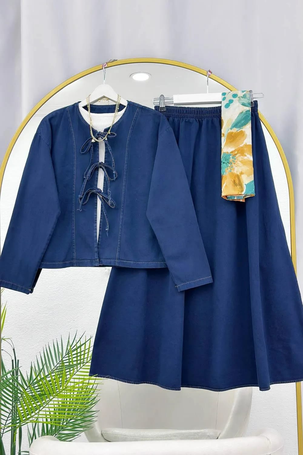 Ön Bağlamalı Denim Etek Takım – Lacivert