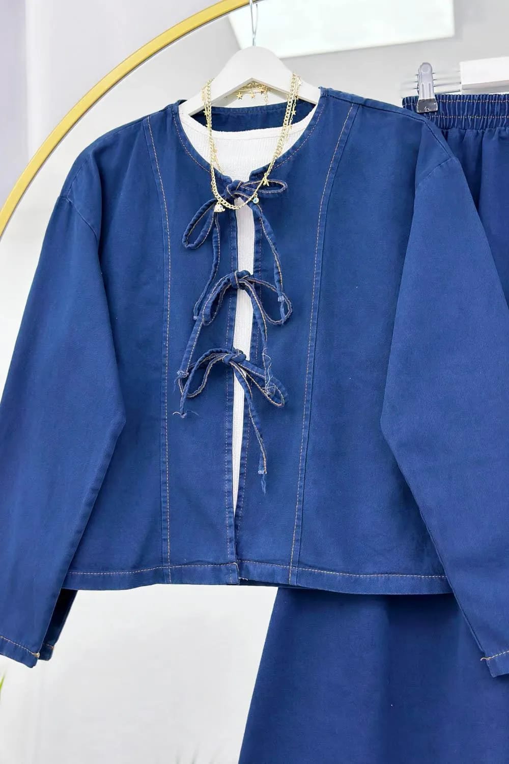 Ön Bağlamalı Denim Etek Takım – Lacivert