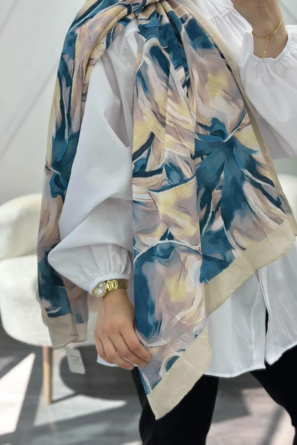 Orchidée Çiçekli Pamuk Soft Şal – Bej