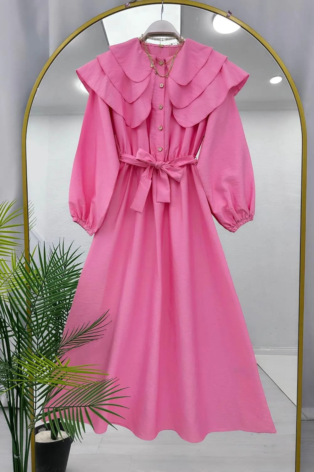 Pelerin Yakalı Modal Elbise – Pembe
