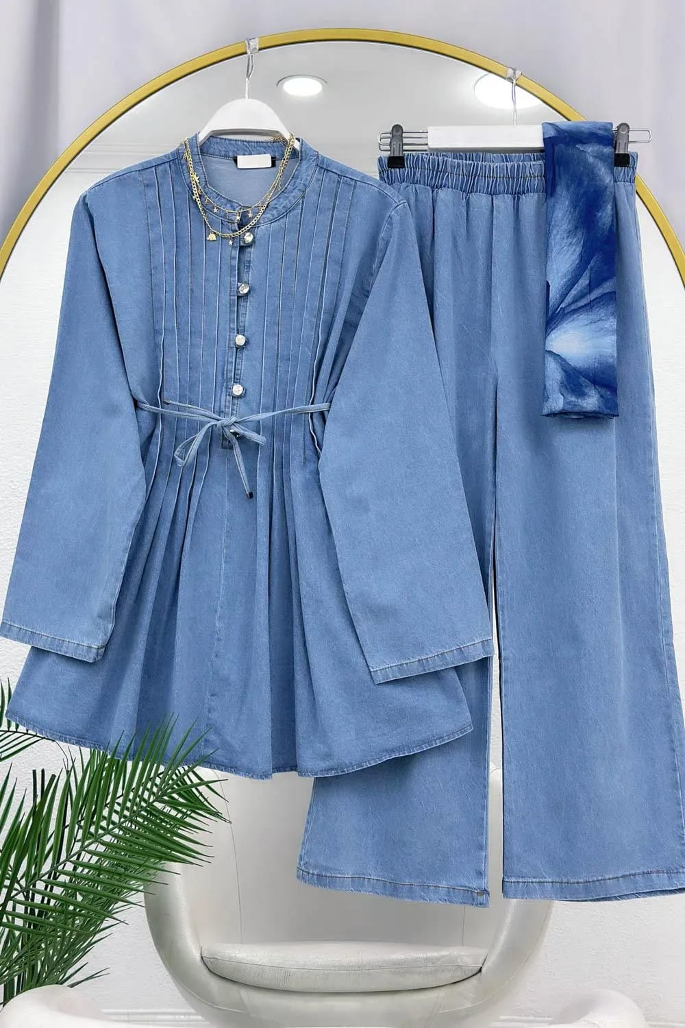 Pens Detaylı Rahat Denim Takım – Açık Mavi