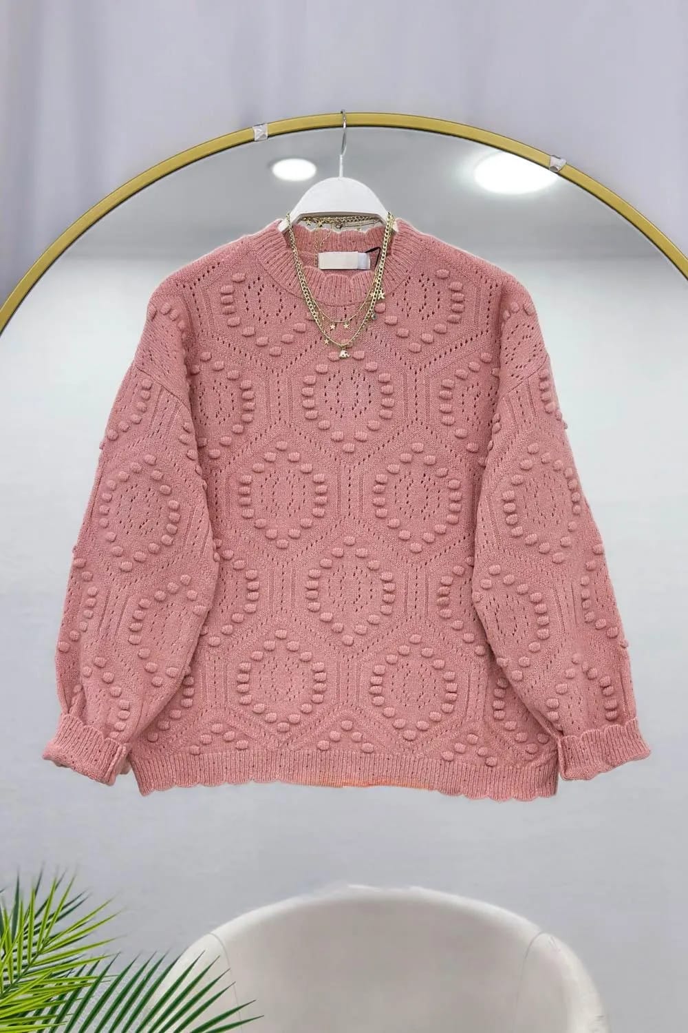 Pompom Detaylı Şardonlu Triko Kazak – Pudra