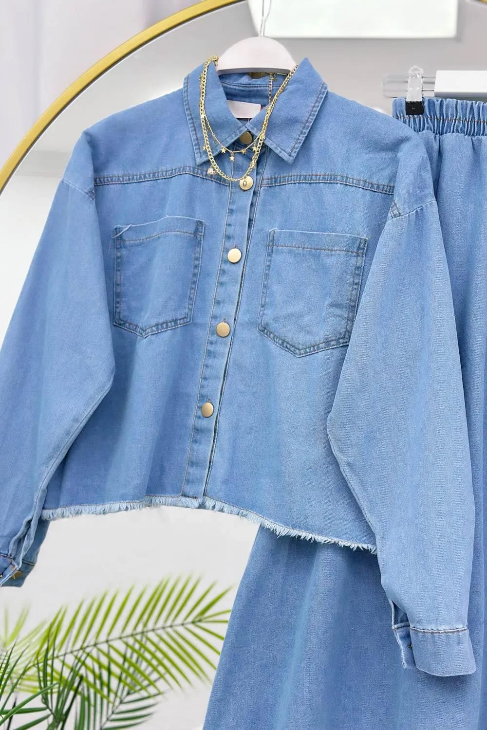 Saçak Bordürlü Denim Etek Takım – Açık Kot