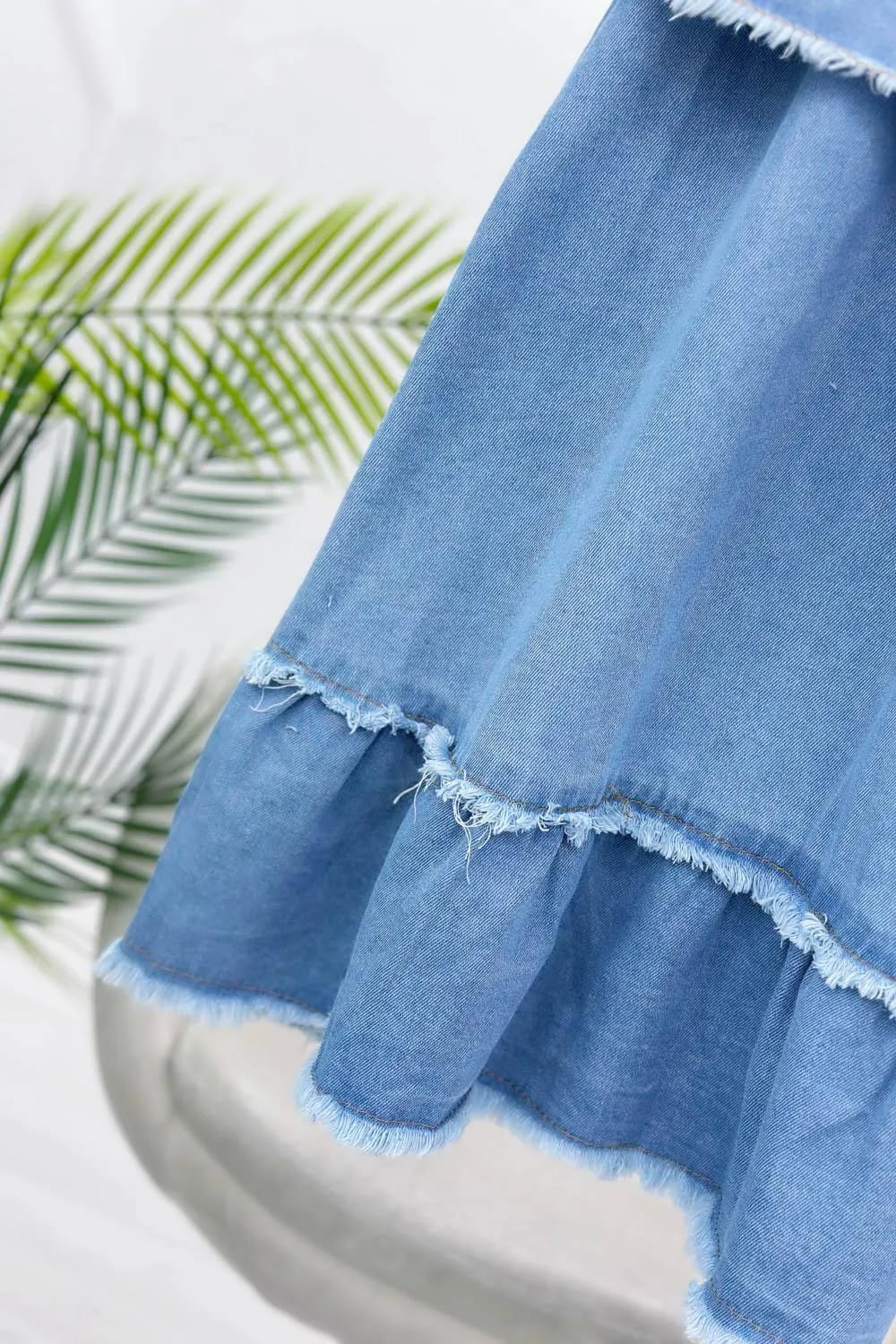 Saçak Bordürlü Denim Etek Takım – Açık Kot