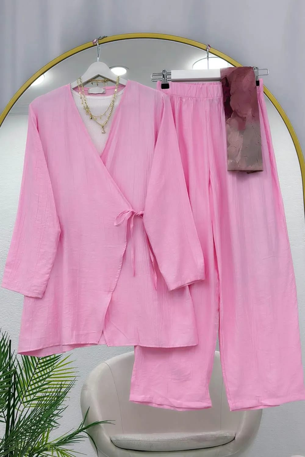 Seda Kuşaklı Kimono Pantolon Takım – Pudra