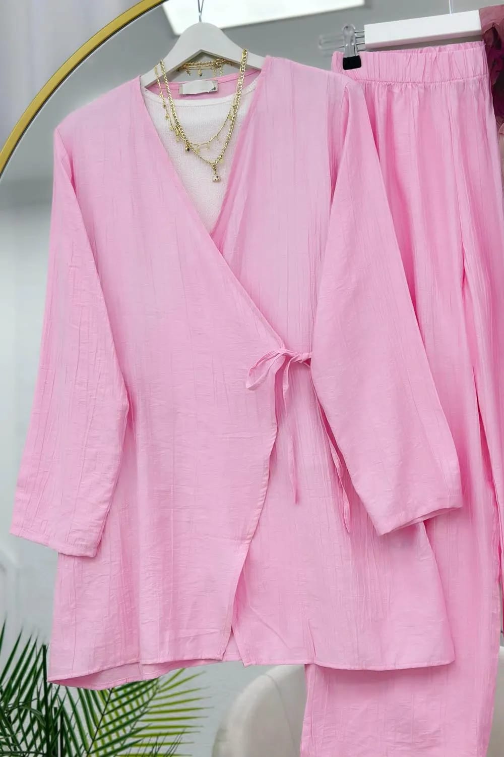 Seda Kuşaklı Kimono Pantolon Takım – Pudra