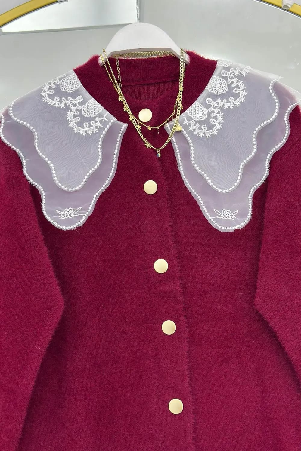 Tül İşlemeli Angora Yün Hırka – Bordo
