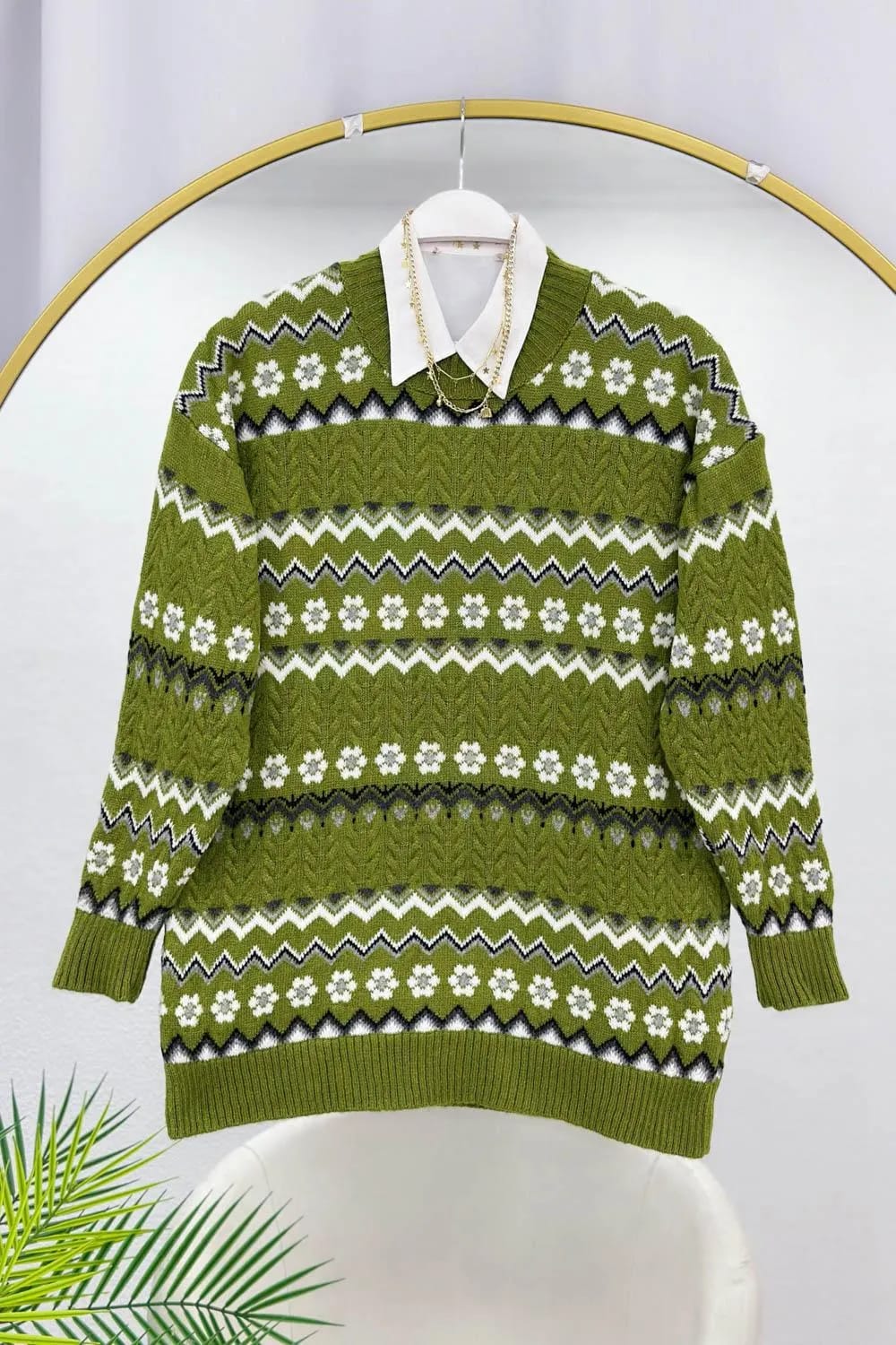 Vintage Çizgili Triko Kazak – Yeşil
