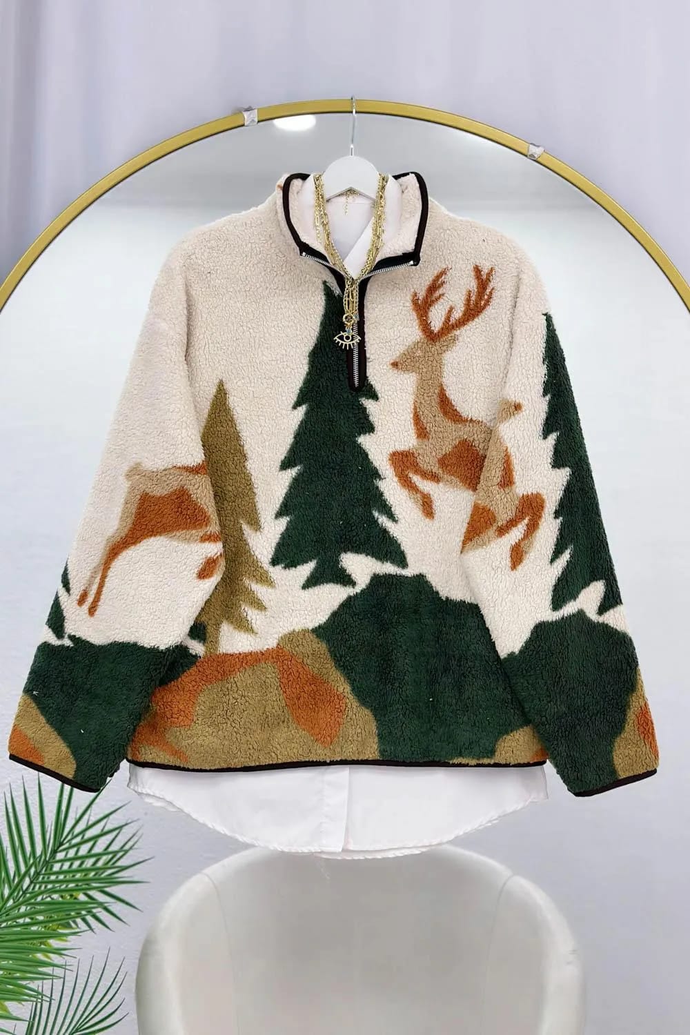 Yarım Fermuarlı Desenli Polar Ceket – Haki